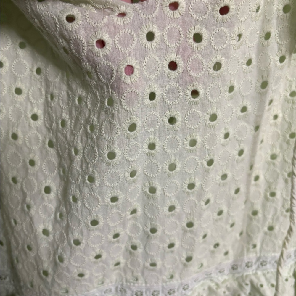 Zara Cotton Eyelet Mint Green Tiered Midi Dress Ruffles Tie Neck New Size Medium - Picture 7 of 8